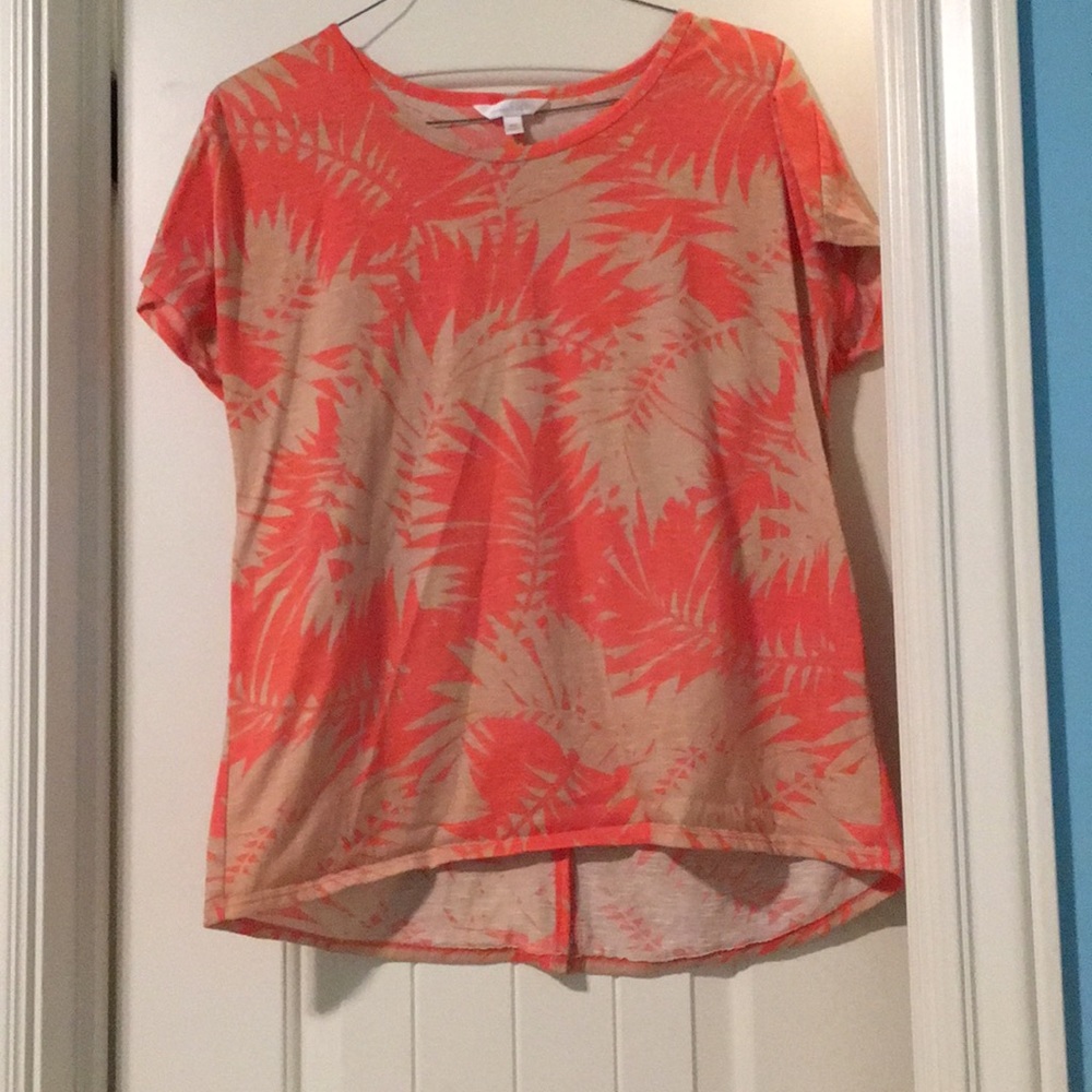 Tan and coral Hawaiian style shirt